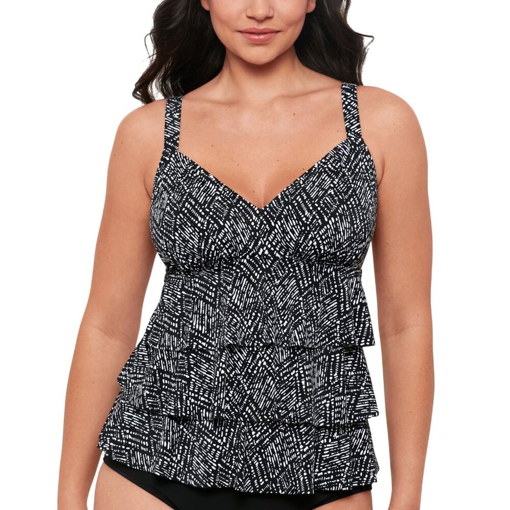NWT Swim Solutions Womens Printed Triple Tier Tankini Swim Top Black / White 8